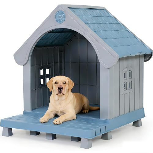 COZIWOW Large Dog House Outdoor Waterproof Plastic Pet Shelter with Porch, All-Weather Insulated Dog Kennel for Medium to Large Dogs, Easy Assembly, 36.6”L x 34.3”W x 37.8”H