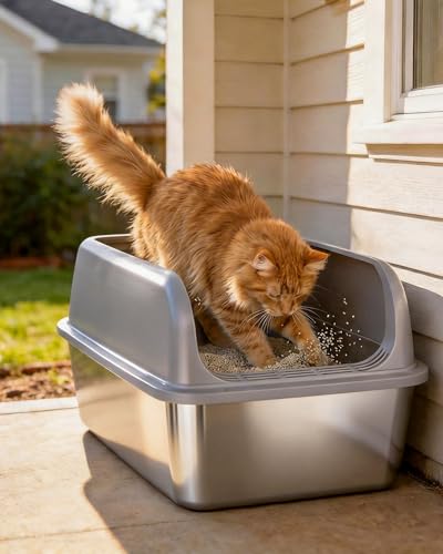 Powools Stainless Steel Cat Litter Box, Metal Litter Box with Scoop, High- Sided, Anti-Leakage Top Entry, Non-Sticky, Easy to Clean, Grey, M (1 Pack)