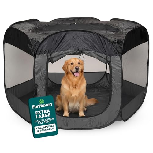 FurHaven Soft-Sided Dog & Cat Playpen, Portable Foldable Indoor & Outdoor Pet Playpen with Mesh Windows & Zippered Door, Gray, Extra Large