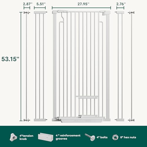 Ostutry 53in Extra Tall Cat Gate for Doorway, 29.5-40.6in Wide Auto Close Pet Gate with Cat Door, Climb Proof Dog Gate No Drilling Pressure Mounted, White