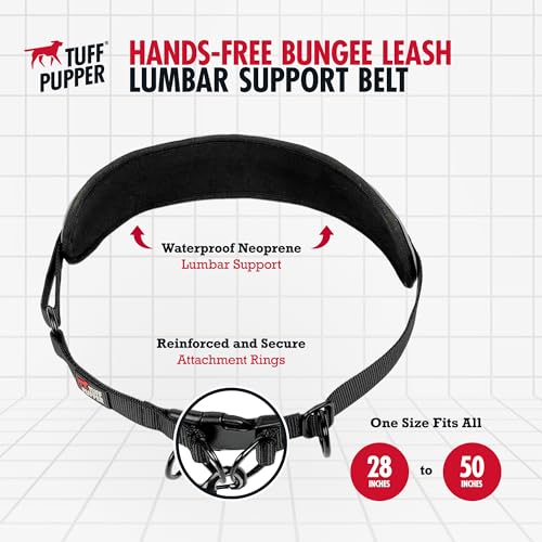 Tuff Pupper Heavy Duty Hands Free Dog Leash | One Large Dog Up to 125 lbs | Comfortable Shock Absorbing Bungee | Reflective Padded Handles | Lumbar Waist Belt 28-50" | Walking Jogging Running Leash
