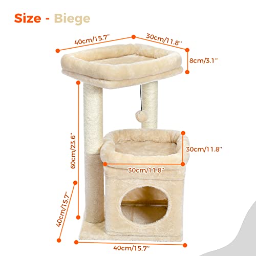 PEQULTI Cat Tree Cat Tower for Indoor Cats with Private Cozy Cat Condo, Natural Sisal Scratching Posts and Plush Pom-pom for Small Cats,Beige