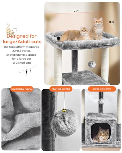 SYANDLVY 27IN Cat Tree for Indoor Cats Large Adult, Modern Activity Tower with Scratching Posts, Condo with Plush Perch, Climbing Stand with Spring Ball for Play, Grey