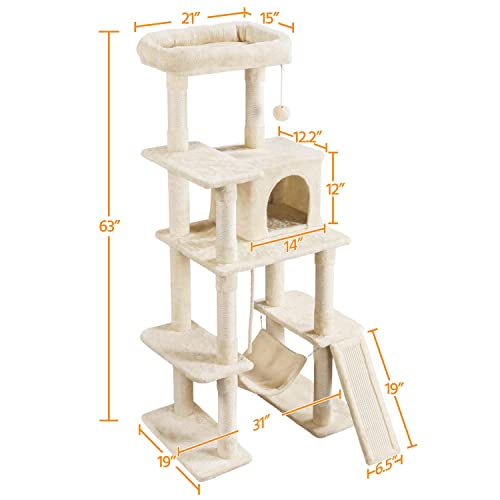 Yaheetech Cat Tree, 63 Inches Multi-Level Indoor Cat Play Structure with Scratching Posts, Hammock, and Dangling Ball