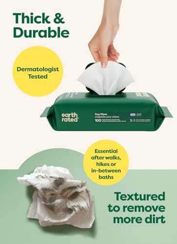 Earth Rated Dog Wipes, Hypoallergenic, 3-in-1 Cleaning and Hydrating, for Grooming Paws, Body and Butt, Lavender Scented, 100 Count