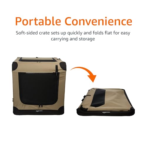 Amazon Basics Portable Folding Soft Dog Crate for Cat, Dog, Rabbit, Double Door with Mesh Ventilation, Collapsible, Easy to Set Up, Large 36" x 24" x 24", Tan