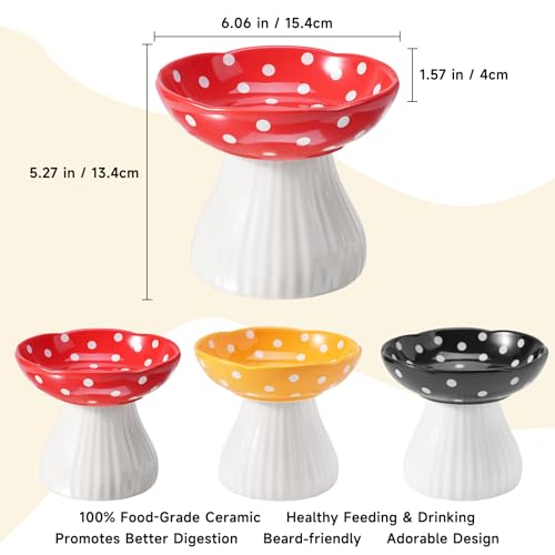 Mushroom Cat Bowl,Whisker Fatigue Cat Bowl,Cute Cat Bowls,Elevated Cat Food Bowl, Lead & Cadmium Free Ceramic Cat Bowls for Food and Water. (Red+Yellow)