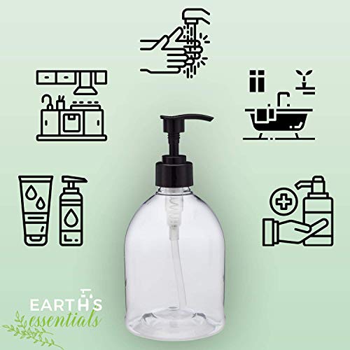(2 Pack) Earth's Essentials Versatile 16 Ounce Refillable Designer Pump Bottles. Excellent Liquid Hand Soap, Homemade Lotion, Shampoo and Massage Oil Dispensers. Shatterproof PET Plastic.