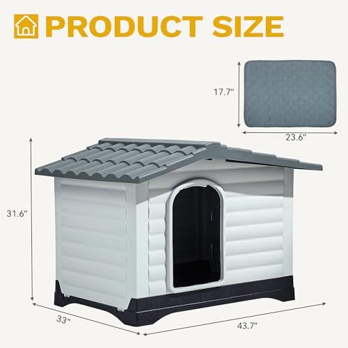 DWVO 2-Door Large Dog House with Elevated Base & Cushion, Weather-Resistance Dog Bed House for Indoor/Outdoor Use, Easy Assembly Pet House for Small to Large Dogs (43.7''L x 33''W x 31.6''H)