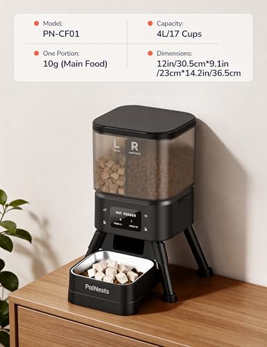 PalNests Dual Chamber Automatic Cat Feeder, Smart WiFi Pet Food Dispenser with 2.4&5G WiFi App, Custom Schedule & Portion Control for Dry Food and Treats, 4L, Black