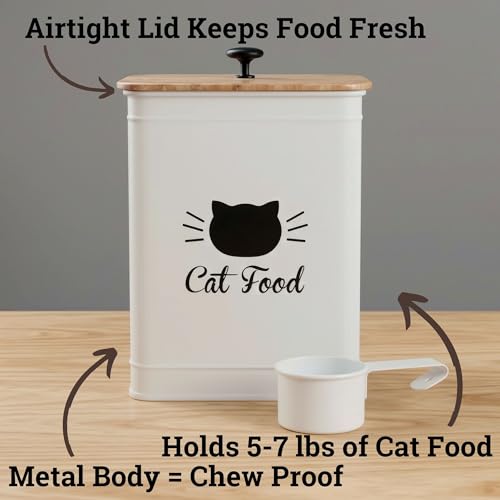 Cat Food Storage Container with Scoop - 5-7 lb (25 Cup) Capacity Metal Cat Food Container with Airtight Bamboo Lid and Metal Scoop - Airtight Pet Food Storage Containers 5 lb - 7 lb Kibble Container