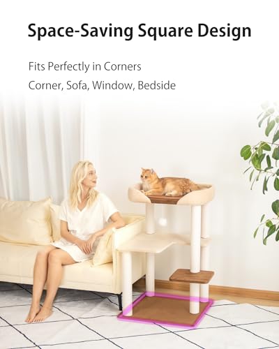 PETTIFUL Cat Tree for Large Cats, Modern Senior Friendly Cat Tower with Wide Shelves, Cotton Scratching Posts, Super Sturdy Base, Cozy Perches, and Interactive Toys for Indoor Kittens, 37.4'' Cream.