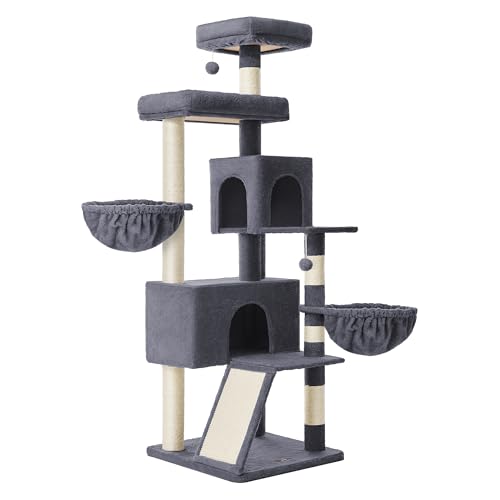 Feandrea Cat Tree, 68.5-Inch Tall Cat Tower, Multi-Level Plush Condo with Large Perch, Scratching Posts, Double Caves, Dark Gray UPCT006G02