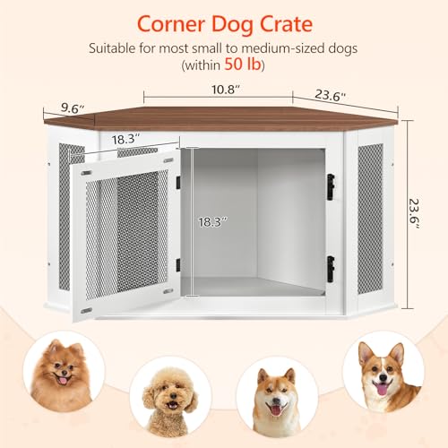 MAHANCRIS Corner Dog Crate Furniture, Wooden Dog Kennel End Table, Decorative Pet Crate Indoor Use, Furniture Style Dog House for Small Medium Dog, Dog Cage TV Stand, White and Walnut DCBA0801