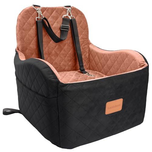 Lealchum Dog Booster Car Seat for S/M Dogs Up to 35lbs,Soft 6in Elevated Cushion,Fits in Front/Back Seat,Fully Detachable and Washable,2 Storage Pockets & 3 Straps,Easy to Install (Black/Brown,Medium)