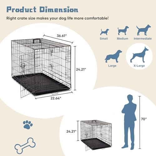 DUMOS Dog Crate, 36 Inch Medium Double Door Dog Cage with Plastic Leak-Proof Pan Tray, Handle, Folding Metal Wire Pet Kennel for Indoor, Outdoor, Travel