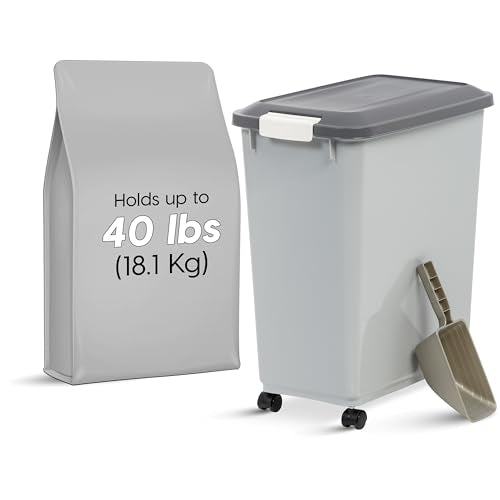 IRIS USA Dog Food Storage Container with Wheels, Airtight Lid, 2-Cup Scoop, Up to 40 Pounds Pet Food Storage, Built in Scoop Storage in Lid, Versatile Pet Food Bin, Portable, BPA Free, Gray/Dark Gray