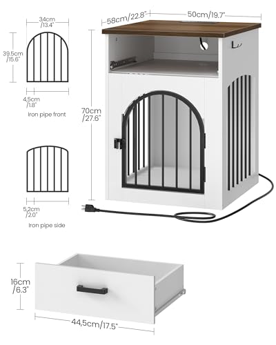 CHOEZON Dog Crate Furniture, Wooden Dog House with Charging Station and Storage Drawer, Indoor Pet Crate End Table for Small Breeds, Dog Kennel for Living Room, Bedroom, White and Walnut MGW01UWL