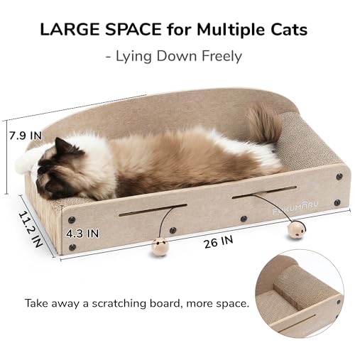 FUKUMARU 26 Inch Cat Scratcher Bed, 2 Reversible Cardboard Cat Scratch Pads Refill for Indoor Cats, Durable Large Cats Scratching Bed Sofa Couch Lounger with Fun Toys, Furniture Protector, Beige