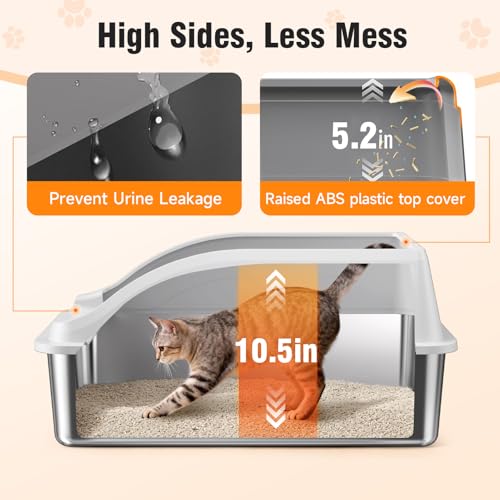 2PACK Stainless Steel Cat Litter Boxes, XL Large Metal Litter Box with High Sides Lid, Odor Free Litter Pan Include Scoop Easy Cleaning Anti-Scratch Kitty Cat Box Anti-Urine Leakage, Non-Sticky