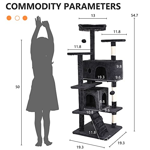 BestPet | 54" Cat Tree Tower | Dark Gray | Sturdy, Easy to Assemble, Multi-Level Activity Center with Sisal Scratching Posts, Condos, Perches, Hanging Cat Toys, Observation Decks & Ladder