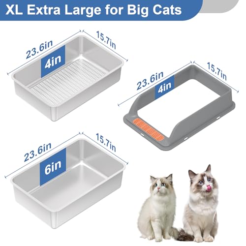 Stainless Steel Sifting Litter Box with Lid, XL Extra Large Sifting Cat Litter Box for Pine Pellets & Big Cats,Metal Pellet Sifter Litter Pan System for Odor Control,Sifting Box Liners & Scoop