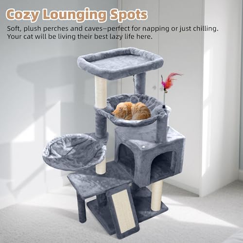 Cat Tree with Cat Condo and Two Hammocks, Cat Tree with Scratching Posts and Scratching Pads, Cat Tower for Indoor Cats, Activity Centre Climbing Tree with Playful Toy Balls, Grey