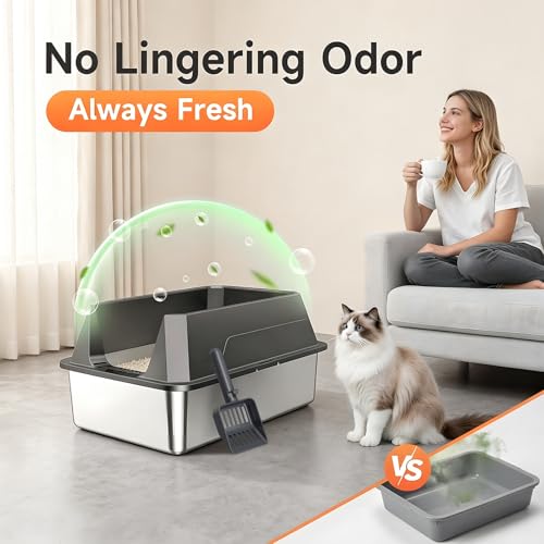 TEVILA Stainless Steel Litter Box with High Sides, XL High Sided Cat Litter Pan, Open Top Extra Large Metal Cat Litter Box, Non-Stick, Odor Free, Leakproof, Scoop Included, Gray