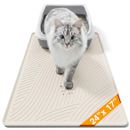 BANLYEO Cat Litter Box Mat - SM Small Medium Size 24 x 17 in, Water Proof, Kitty Litter Trapping Mat, Easy to Clean, Scatter Control, Odorless, Pet Supplies for Indoor Cats, Warm Beige