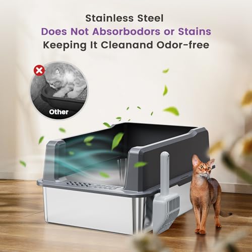 Extra Large XXL Stainless Steel Cat Litter Box with Lid, 26" L x 18" W x 12" H Metal Litter Box with Hight Sides for Big Cats & Multiple Cats, Never Absorbs Odors, Anti-Urine Leakage, Easy Cleaning
