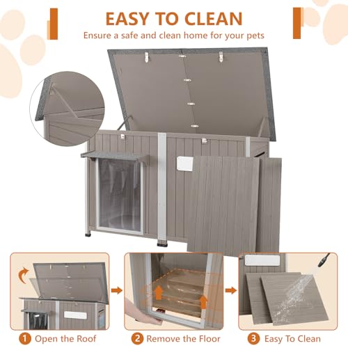 Ketive 55"L Dog House Outdoor Large Breed Extra XL Wooden Dog House with Weatherproof Asphalt Roof, All-Around Iron Frame, Removable Floor, Openable Top Roof, Air Vents Window for Medium to Large Dogs