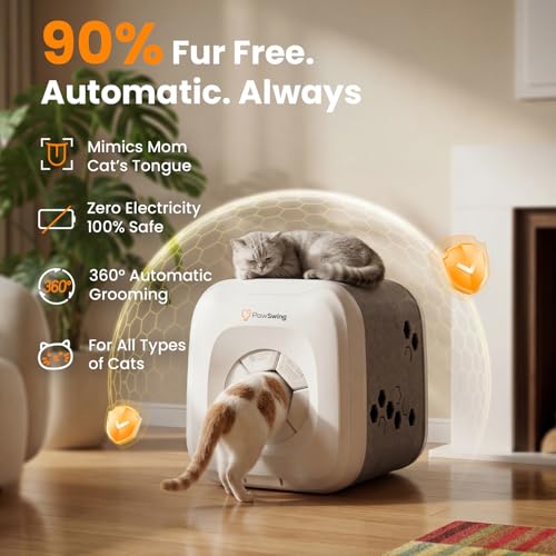 PawSwing Cat Self Groomer Neo with 360° Skin Friendly Brush Self Cleaning Automatic Fur Collection Grooming House for Hairball Control and Shedding Relief Autocomb Cat Auto Grooming Box for All Cats