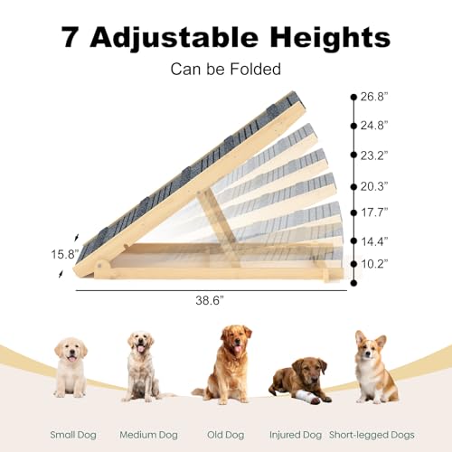 TIMHAKA Dog Ramp for Bed, 40 Inch Dog Ramp for Couch, Supports Up to 150lbs, with 10.2" to 26.8" 7 Height Setting, Non Slip Carpet Surface and Foot Pads, Wooden Folding Pet Ramps for High Bed, Sofa