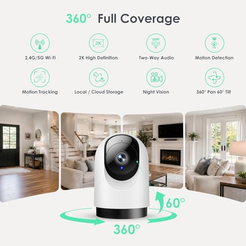 YOTON Indoor Security Camera, 2.4/5GHz, 2K 360° Wi-Fi Baby Monitor & Pet Camera w/Motion Tracking, 2-Way Audio, Night Vision, SD/Cloud, Works with Alexa & Google Home