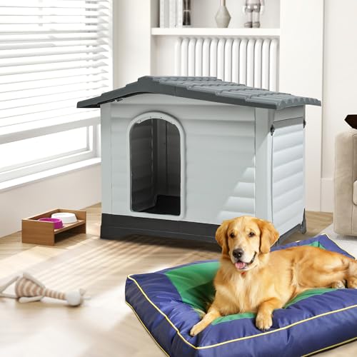 DWVO 2-Door Large Dog House with Elevated Base & Cushion, Weather-Resistance Dog Bed House for Indoor/Outdoor Use, Easy Assembly Pet House for Small to Large Dogs (43.7''L x 33''W x 31.6''H)