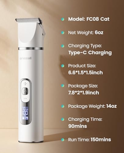 oneisall Quiet Cat Clippers for Matted Hair, 3 in 1 Cat Grooming Kit with LCD Display, Cat Hair Trimmer for Paw Trimmer, 3 Speed, Cordless, IPX7 Waterproof Pet Clippers for Butt, Paw, Back, Ear, Face