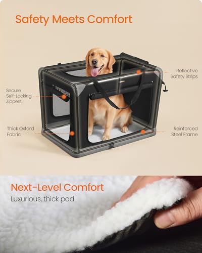 Feandrea Collapsible Dog Crate, Portable Oxford Fabric Pet Travel Crate with 4 Mesh Doors, Handles, Pocket, 36 Inches, for Large Dogs, Ink Black and Dove Gray UPDC029BH01