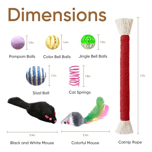 YULOYI Cat Toys for Indoor Cats, 34 Packs Interactive Cat Toy Set with Colorful Springs Toys, Mouse Toy, Catnip Ropes, Balls, Bells, and Sisal Ball for Kitten Toys