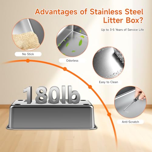 KISENG Stainless Steel Litter Box with Lid, High Sided Enclosed Metal Litter Box for Big Cats, Easy Cleaning Anti-Urine Leakage, Non-Sticky Cat Box, Front Entry Top Exit KittyBox, Includes Mat & Scoop