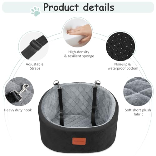 Lealchum Dog Car Seat for Small Dogs Up to 30 Lbs,Ultra Soft Fabric Fill in Comfy Memory Foam,Happy Pet Ride,2 Safety Dog Leashes,Fully Detachable and Washable,Anti Slip Base(Black/Grey)