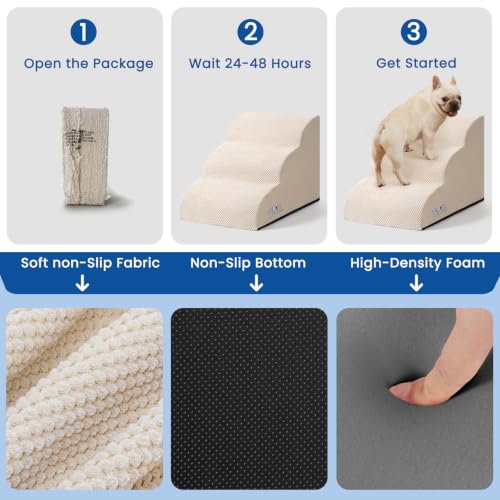 Airpanda Dog Stairs for Small Dogs and Cats – 3 Step Pet Ramp for Couch & Sofa, Non-Slip Dog Steps for Pets, Washable Cover, High-Density Support Foam for Easy Climbing,Beige