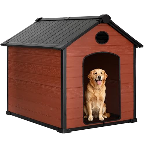 EHHLY 57" Extra Large Dog House Outdoor,Durable Resin DogHouses with 16mm Thick Durable Walls,14 Sq. ft Activity Space&Dual Air Vents,Suitable for Pets Up to 300lbs(57Lx47Wx50H, Brown)