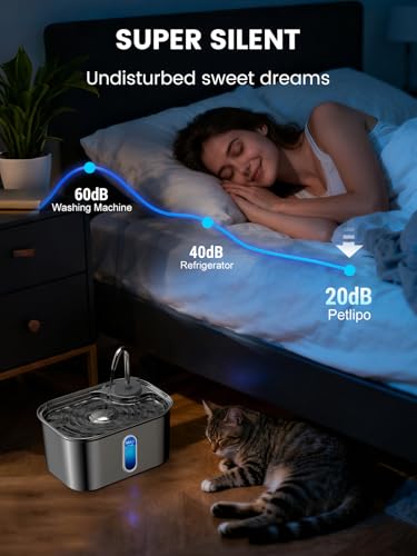 Cat Water Fountain Stainless Steel for Cats Indoor 2.5L 85oz by BPA-Free SUS304, Effective 6-Layer Filter Cat Fountain for Drinking 20dB Ultra Quiet & Soft Flow Metal Pet Water Fountain