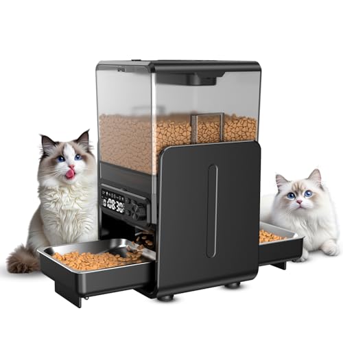 CityFlee Automatic Cat Feeder for 2 Cats, 5L/20 Cups Food Dispenser with Adjustable Raised Double Bowls, Detachable Control Panel, Timed Cat and Dogs Feeder for Dry Food, Dual Power Supply