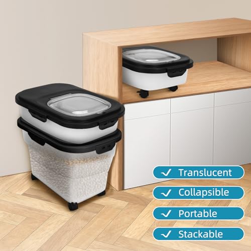YECERCAN Dog Food Container, Collapsible Pet Food Storage Container 17-20 lb with Rolling Wheels & Airtight Lid, Plastic Storage Bin With Dog Food Scoop and Measuaring Cups