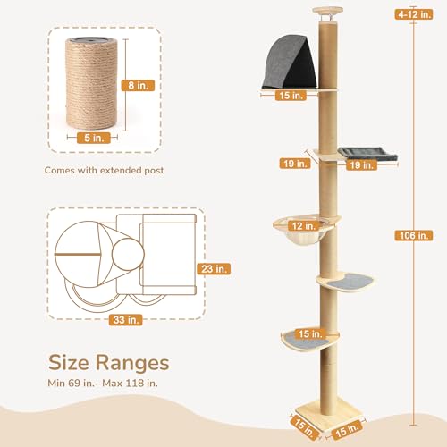 FUKUMARU Floor to Ceiling Cat Tree, 6 Level Adjustable Height (5.7-9.8 ft) Climbing Tower with Thickened Scratching Posts, Cats Activity Center with Transparent Capsule and Cozy Hammock