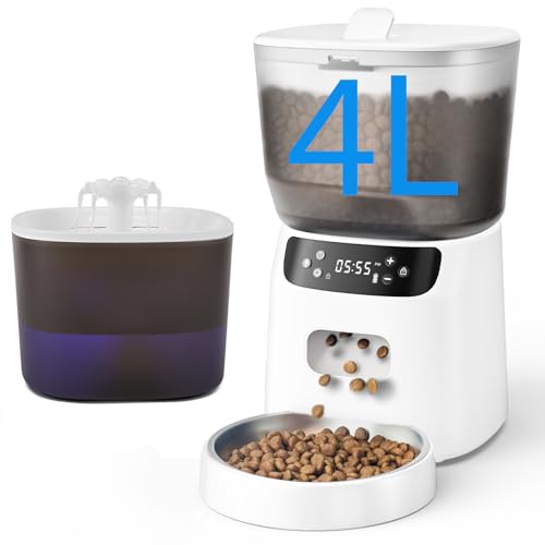 Automatic Cat Feeder and Water Fountain, 4L/16 Cups Timed Cat Dry Food Dispenser, 10s Meal Call, 20 Portions 6 Meals Per Day, 2L Cats Fountains for Drinking with Filter, Pet Feeder for Dog White