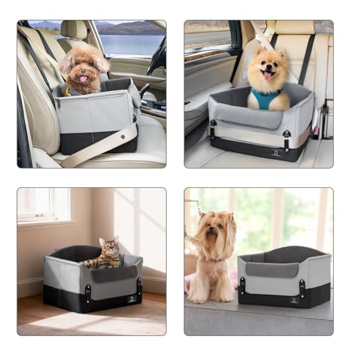 A 4 Pet Dog Car Seats for Small Dogs Under 25lbs – Safety Travel Booster Seat with Patent Buckles, Adjustable Leash – Reduces Anxiety & Road Trips – Frame Support for Cars, SUV, Pickup