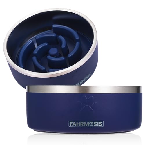 FAHRMOSIS 32 Oz Dog Bowl with Slow Feeder Insert Stainless Steel Pet Water Bowl for Medium & Large Breed Non Slip Rubber Base & Plastic Puzzle Feeder - Navy Blue