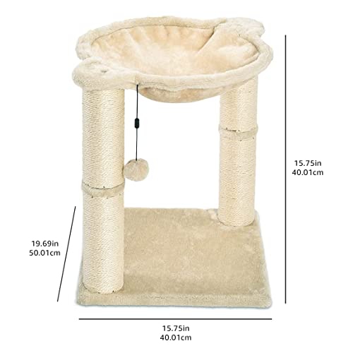 Amazon Basics Cat Tower with Hammock Bed and Scratching Post for Indoor Cats, Easy to Assemble, Interactive Hanging Ball, 15.8" x 15.8" x 19.7", Beige